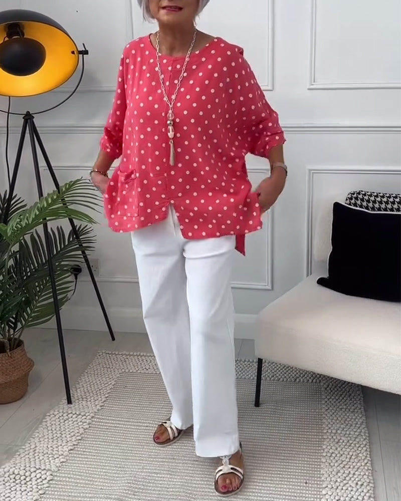 Casual loose polka dot print slit blouse 202466 blouses & shirts spring summer