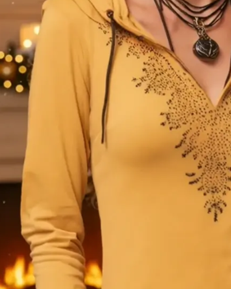 Hooded Casual Long-Sleeved Printed Top