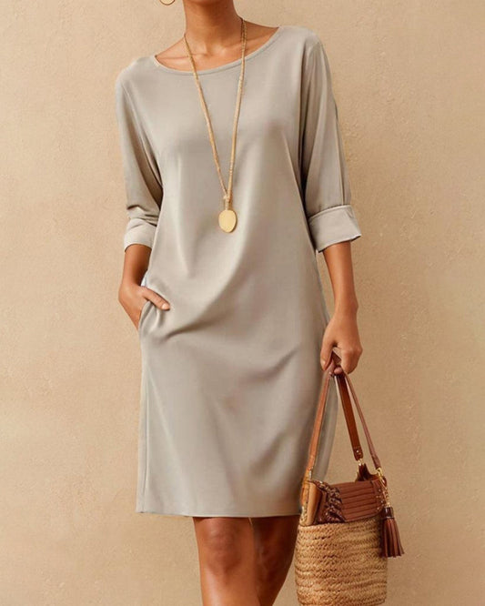 Casual solid color pocket round neck dress casual dresses spring summer