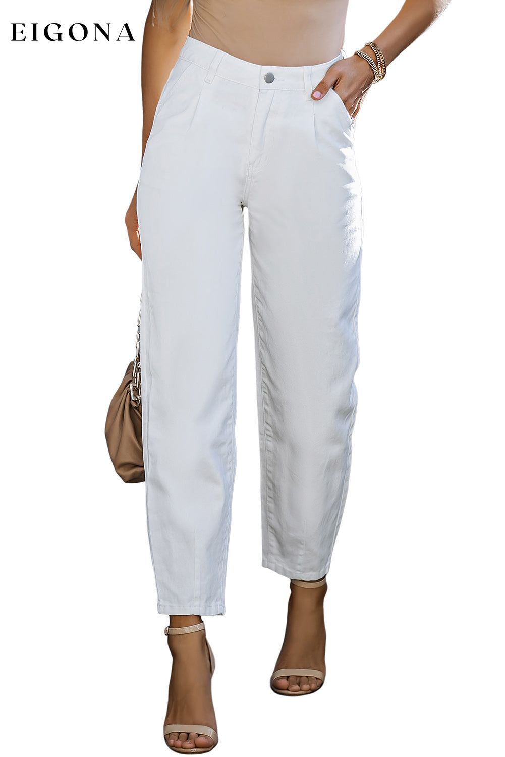 White Solid High Waist Casual Pants bottoms clothes DL Exclusive Occasion Daily pants Print Solid Color Season Spring Silhouette Wide Leg Style Modern Women's Bottoms