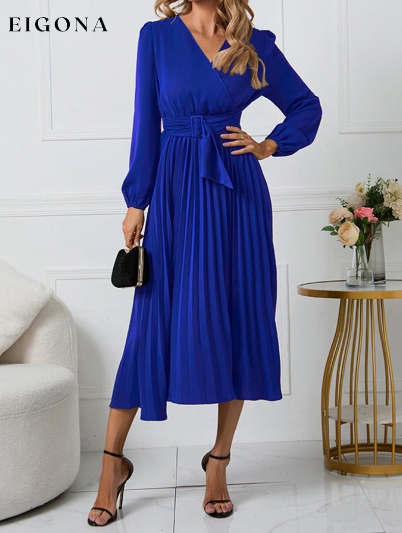 V-Neck Long Sleeve Tie Waist Midi Dress clothes H.Y.G@E Ship From Overseas Shipping Delay 09/29/2023 - 10/03/2023 trend