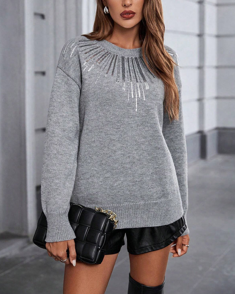 Diamond-Embellished Solid-Color Pullover Sweater