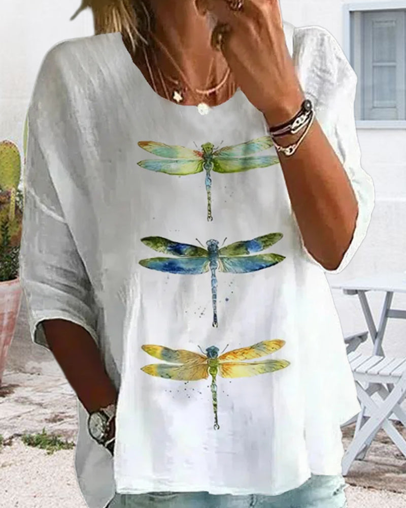 Casual dragonfly print three-quarter sleeve top 202466 blouses & shirts spring summer