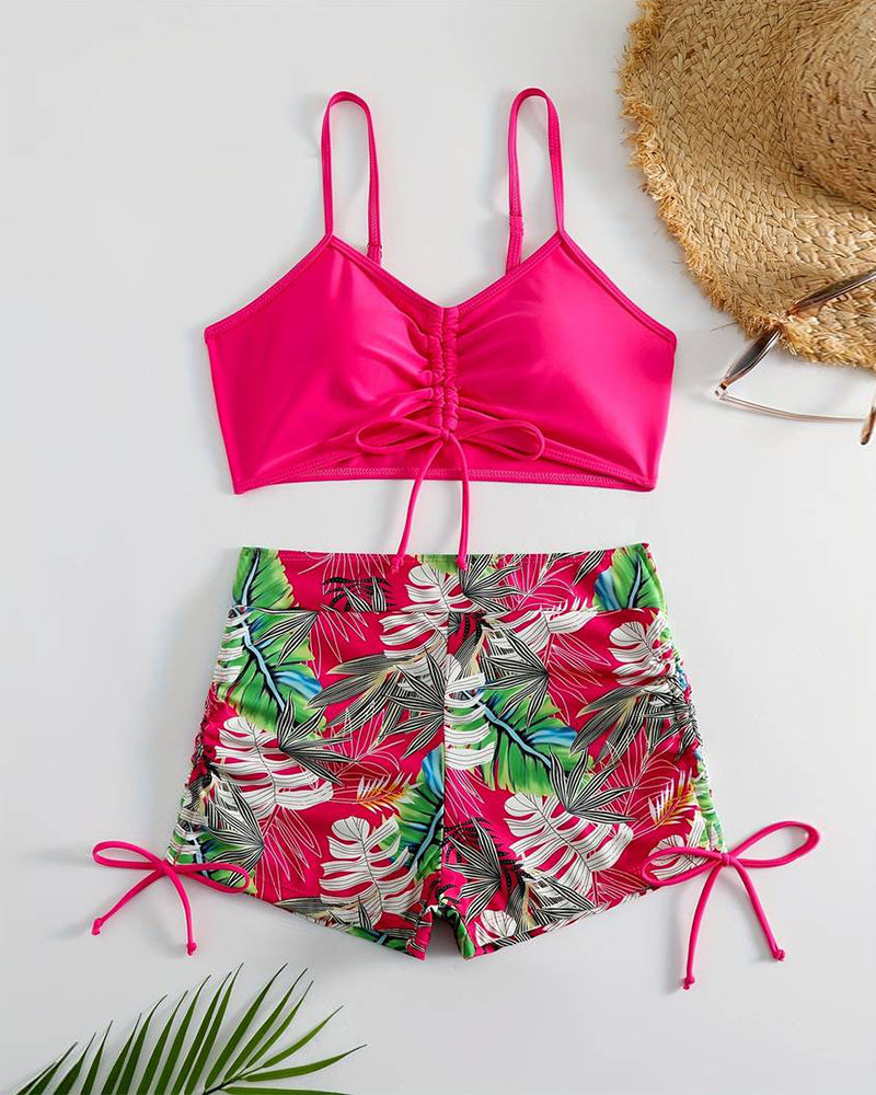 Leaf print drawstring pleated bikini 202466 bikinis summer