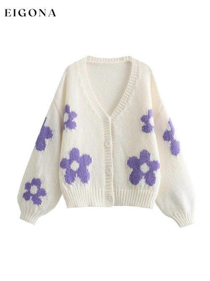 Floral Button Up V-Neck Cardigan Lavender clothes K&BZ Ship From Overseas