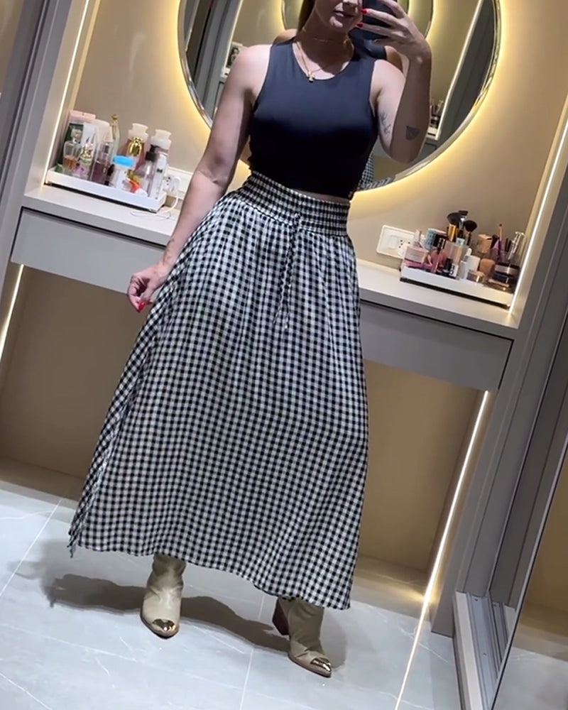 High waist plaid slit skirt casual dresses spring summer