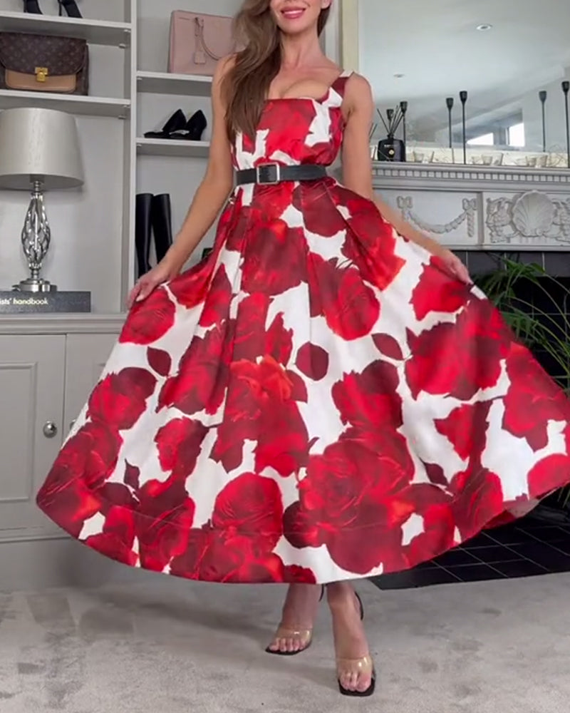 Elegant rose print pleated cami dress 202466 casual dresses summer