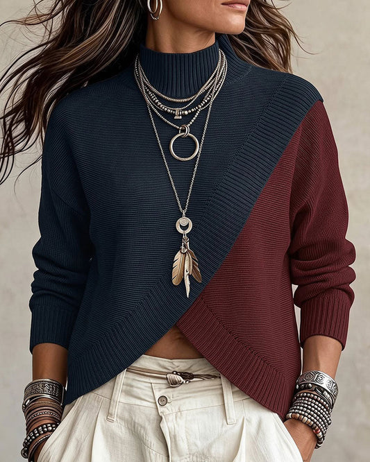 Turtleneck Contrast Color Long Sleeve Pullover 2024f/w pullovers spring
