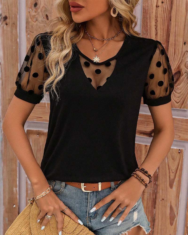 Polka Dot Mesh Contrast Short Puff Sleeve T-Shirt