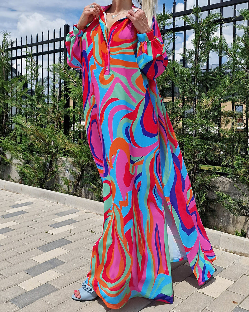 Colorful printed V-neck puff sleeve long dress casual dresses spring summer