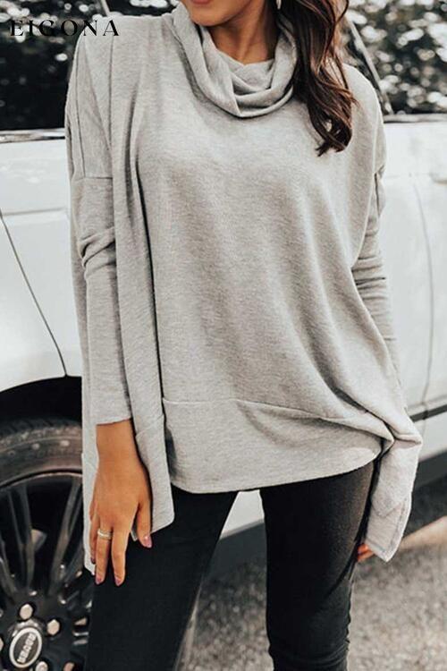 Cowl Neck Long Sleeve Slit Blouse Light Gray clothes long sleeve shirts long sleeve top long sleeve tops Ship From Overseas shirt shirts Sweater sweaters Sweatshirt SYNZ top tops