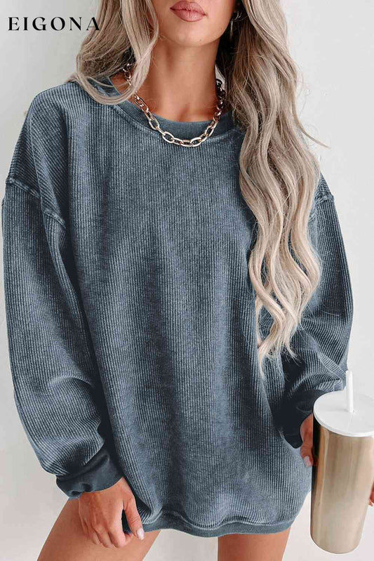 Round Neck Dropped Shoulder Washed Out Casual Sweatshirt Dusty Blue clothes Ship From Overseas sweater sweaters SYNZ