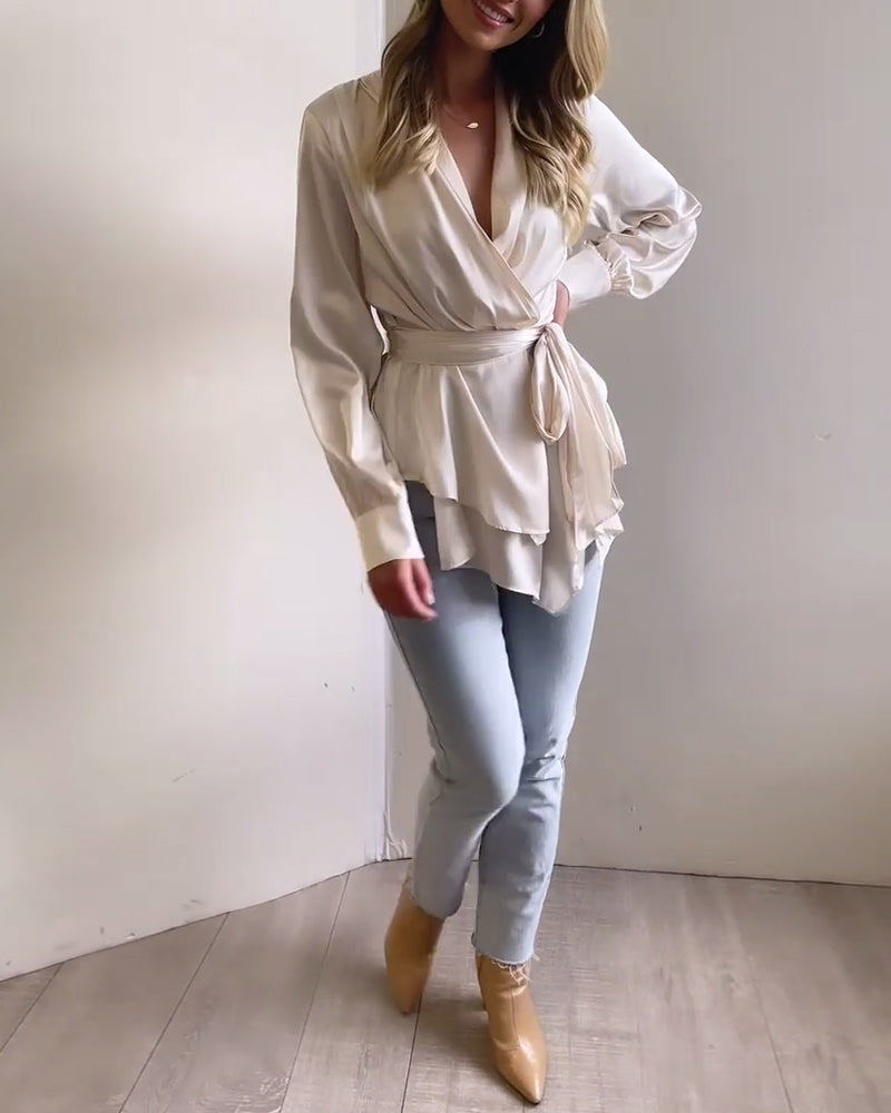 Simple solid color elegant tie blouse 202466 blouses & shirts spring summer