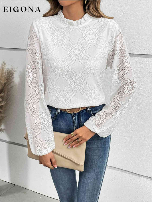 Eyelet Round Neck Long Sleeve Blouse White clothes HS Ship From Overseas