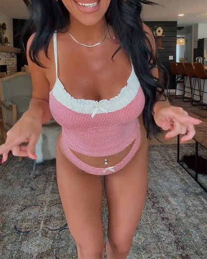 Sexy Suspender Plaid Contrast Color Bikini
