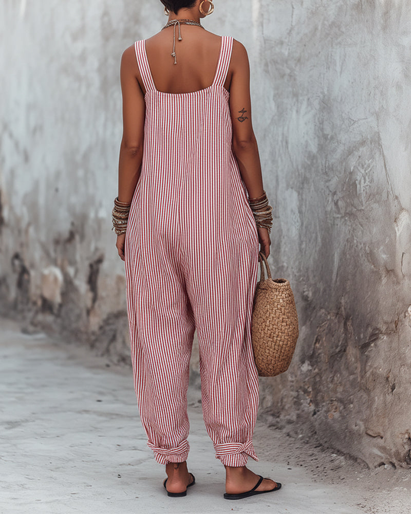 Wide Strap Striped Overalls Jumpsuit