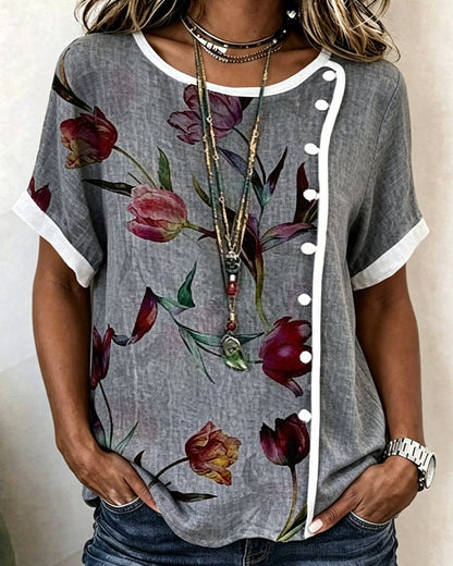 Tulip Print Side-Button Blouse