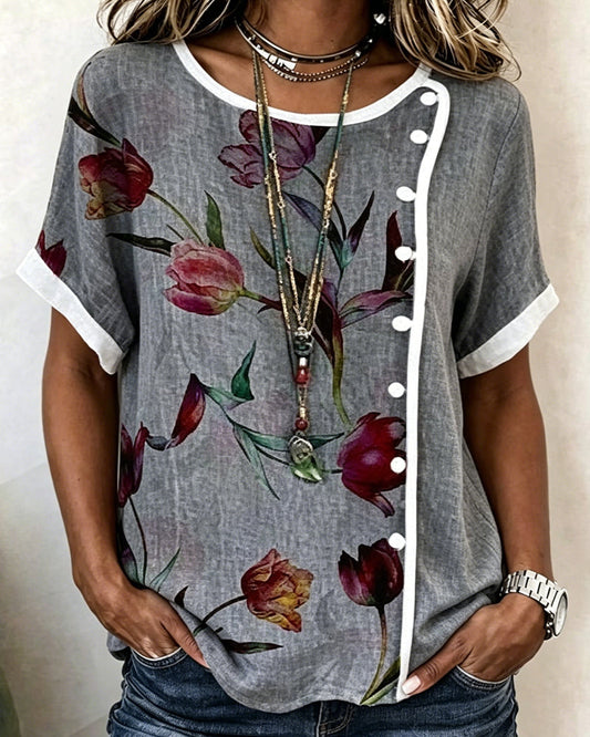 Tulip Print Side-Button Blouse blouses & shirts spring summer