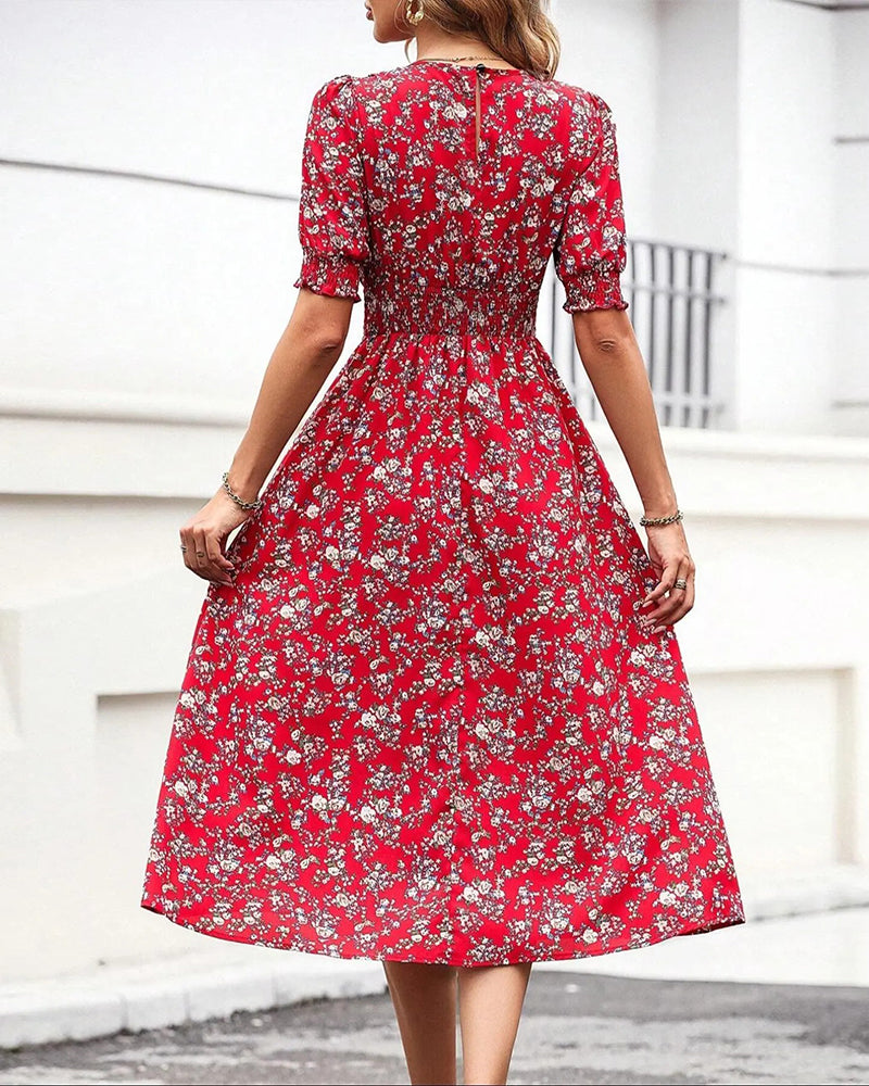 Shirring Floral Print Dress