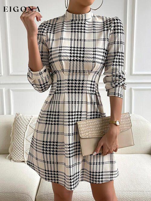 Houndstooth Mock Neck Cinched Casual Long Sleeve Mini Dress Ivory casual dresses clothes dress dresses DY long sleeve dress long sleeve dresses Ship From Overseas