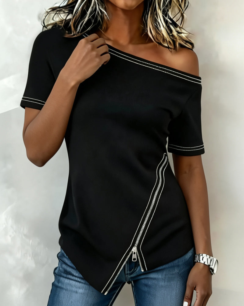 Off-Shoulder Zip Irregular T-Shirt