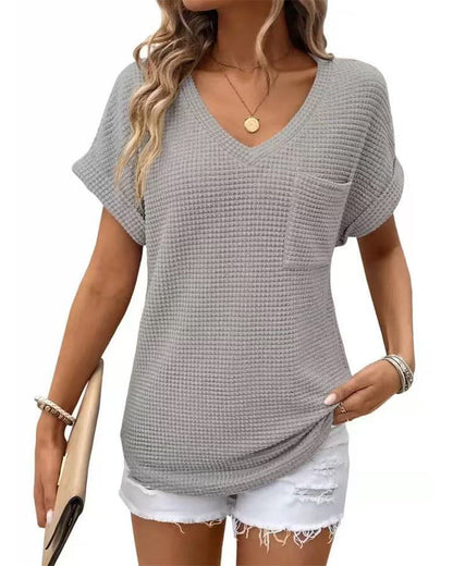 Women's Waffle Knit V-Neck Casual Summer T-shirt