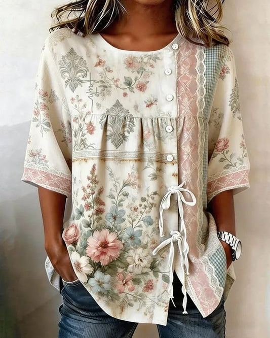 Retro Floral Print Casual Blouse blouses & shirts spring summer