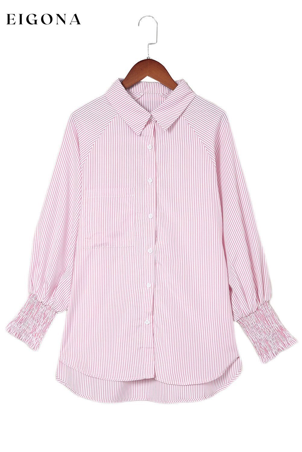 Pink Smocked Cuffed Striped Boyfriend Shirt with Pocket All In Stock button down womens clothes Color Pink Craft Smocked DL Exclusive Early Fall Collection long sleeve shirts long sleeve top Occasion Daily Print Stripe Season Spring Stripe tops Style Modern tops