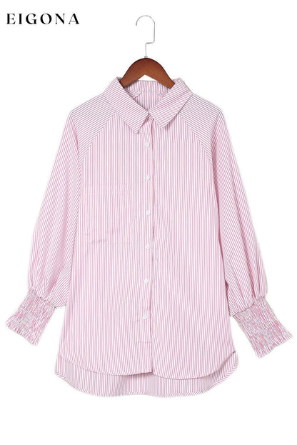 Pink Smocked Cuffed Striped Boyfriend Shirt with Pocket All In Stock button down womens clothes Color Pink Craft Smocked DL Exclusive Early Fall Collection long sleeve shirts long sleeve top Occasion Daily Print Stripe Season Spring Stripe tops Style Modern tops