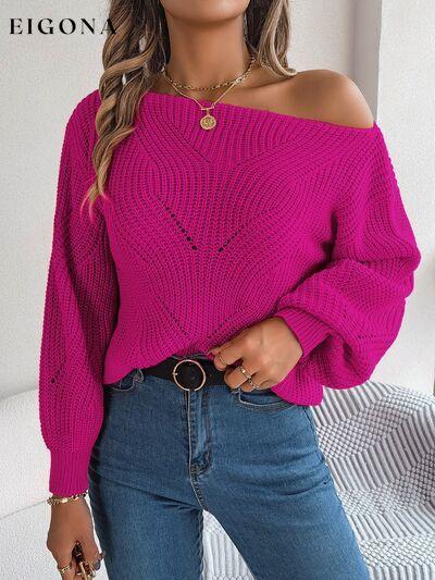Openwork Off The Shoulder Long Sleeve Sweater Cerise S B.J.S clothes Ship From Overseas Sweater sweaters Sweatshirt