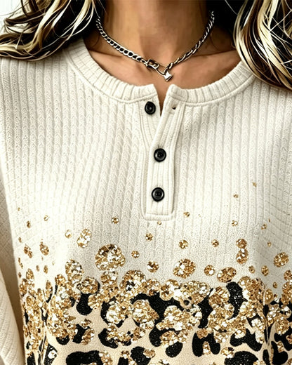 Round Neck Buttoned Leopard Print Sweatshirt