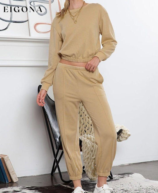 Round Neck Long Sleeve Cropped Top and Pants Set Beige clothes Ship From Overseas SYNZ trend