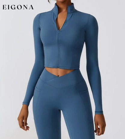 Zip Up Long Sleeve Cropped Activewear Sports Top Jacket Peacock Blue activewear clothes Ship From Overseas Z&C