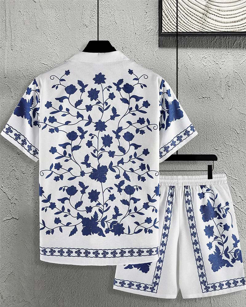 Men's Blue Porcelain Button Front Short Sleeve Set