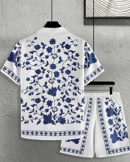 Men's Blue Porcelain Button Front Short Sleeve Set