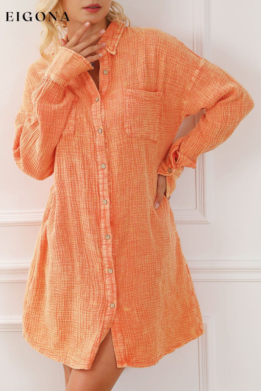 Orange Crinkled Dual Chest Pocket Oversized Shirt Dress Orange 100%Cotton All In Stock clothes Color Orange EDM Monthly Recomend Fabric Linen Occasion Daily Print Solid Color Season Spring Style Southern Belle