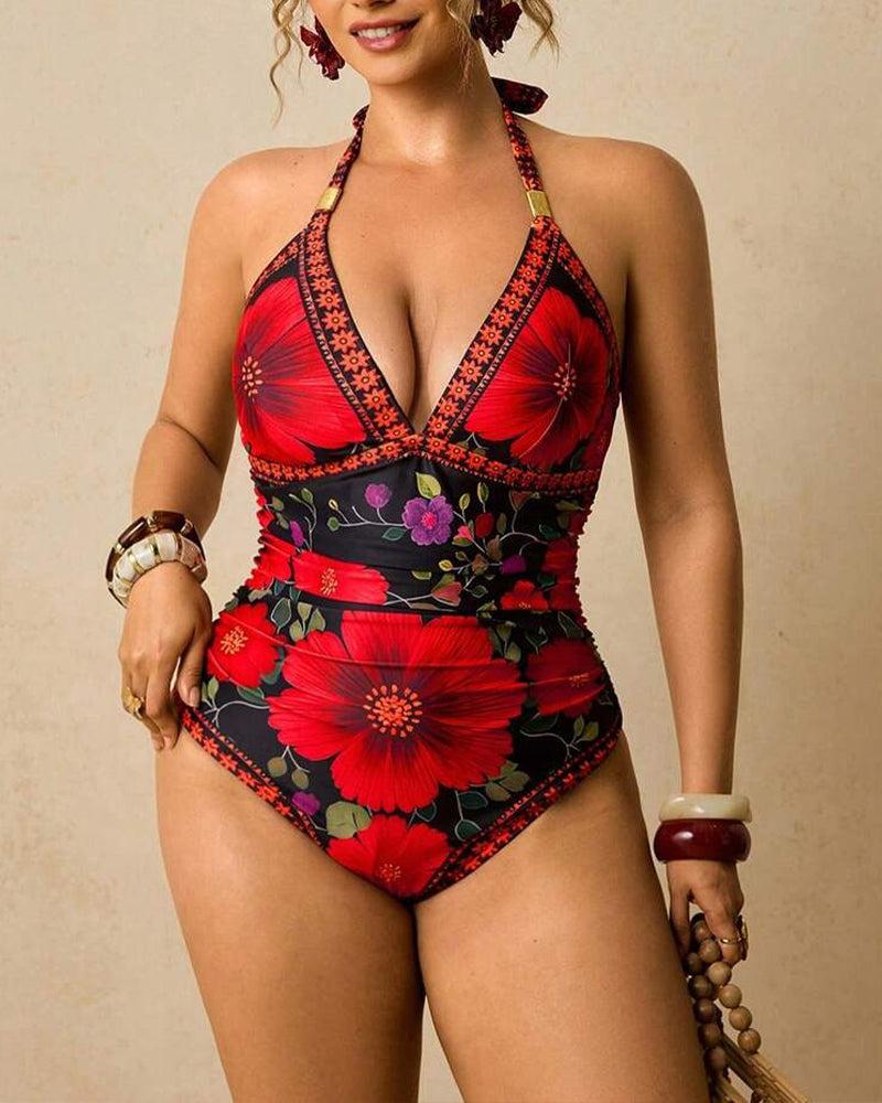 Retro Floral Halter Neck Onesie Swimsuit