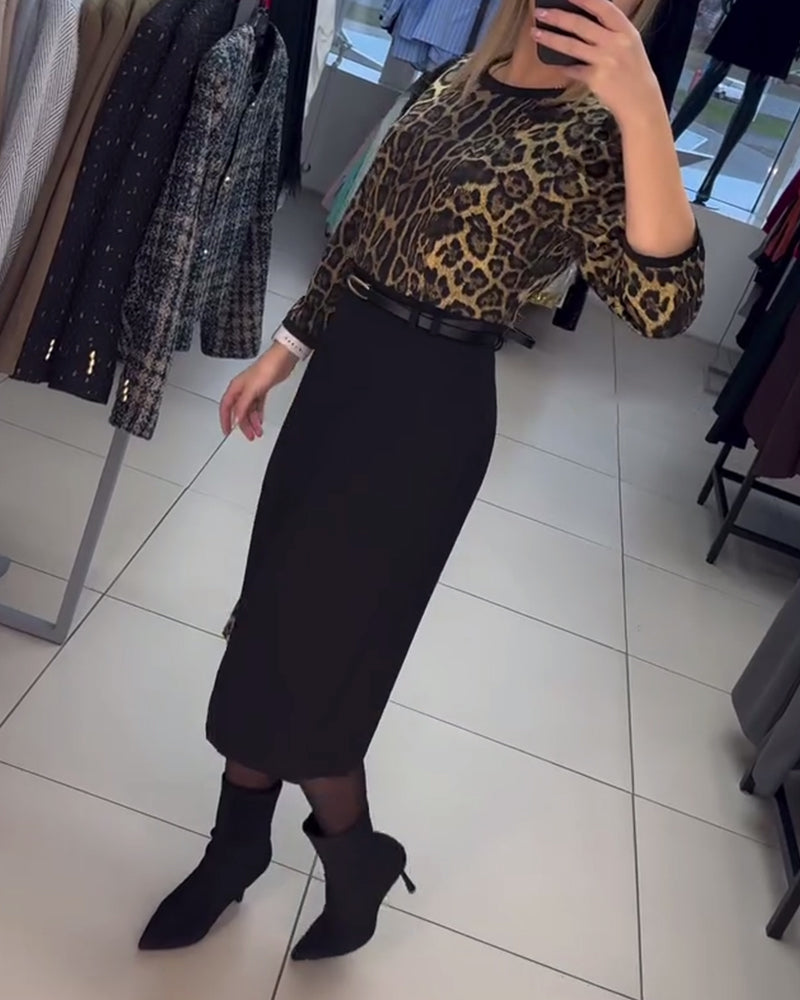 Puff Sleeve Leopard Print Slit Dress