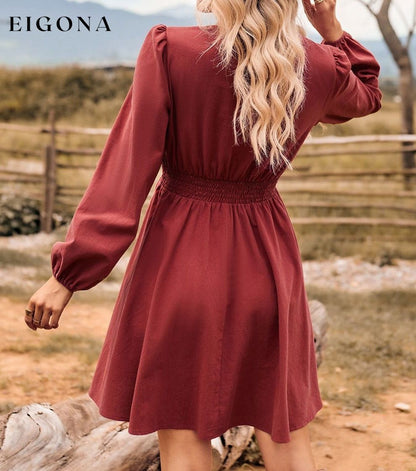 V-Neck Long Sleeve Smocked Waist Mini Dress casual dress casual dresses clothes dress dresses long sleeve dress long sleeve dresses mini dress S.N Ship From Overseas