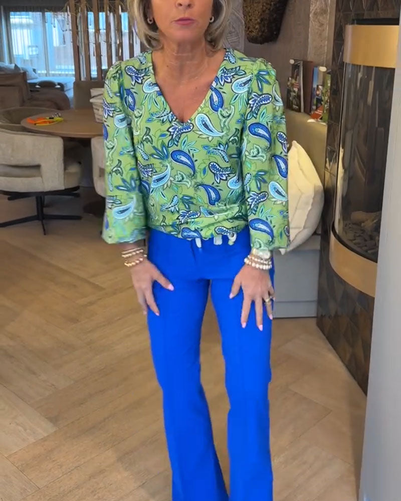 Water Drop Print Long-Sleeved V-Neck Top