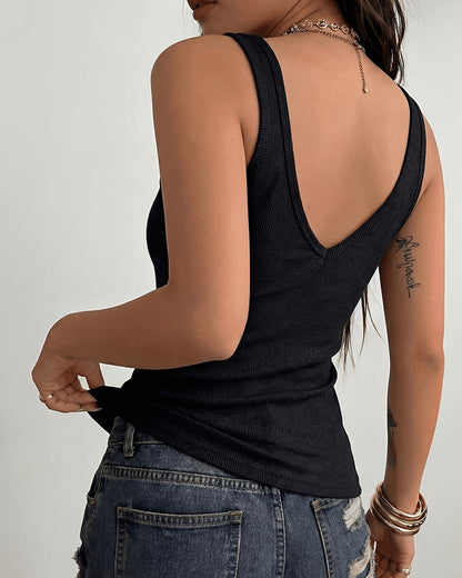 Black Ribbed Cut-Out Casual Tank Top