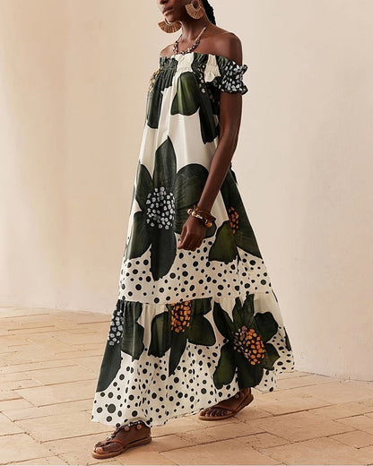 One Shoulder Polka Dot Floral Maxi Dress