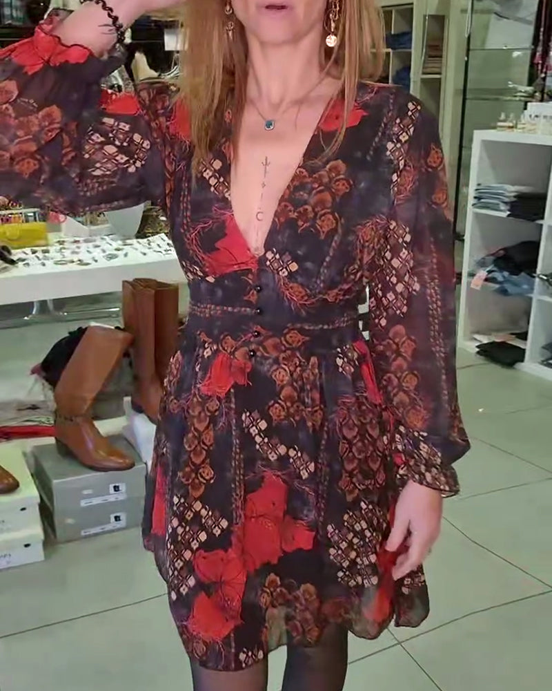 Deep V Sexy Temperament Floral Dress