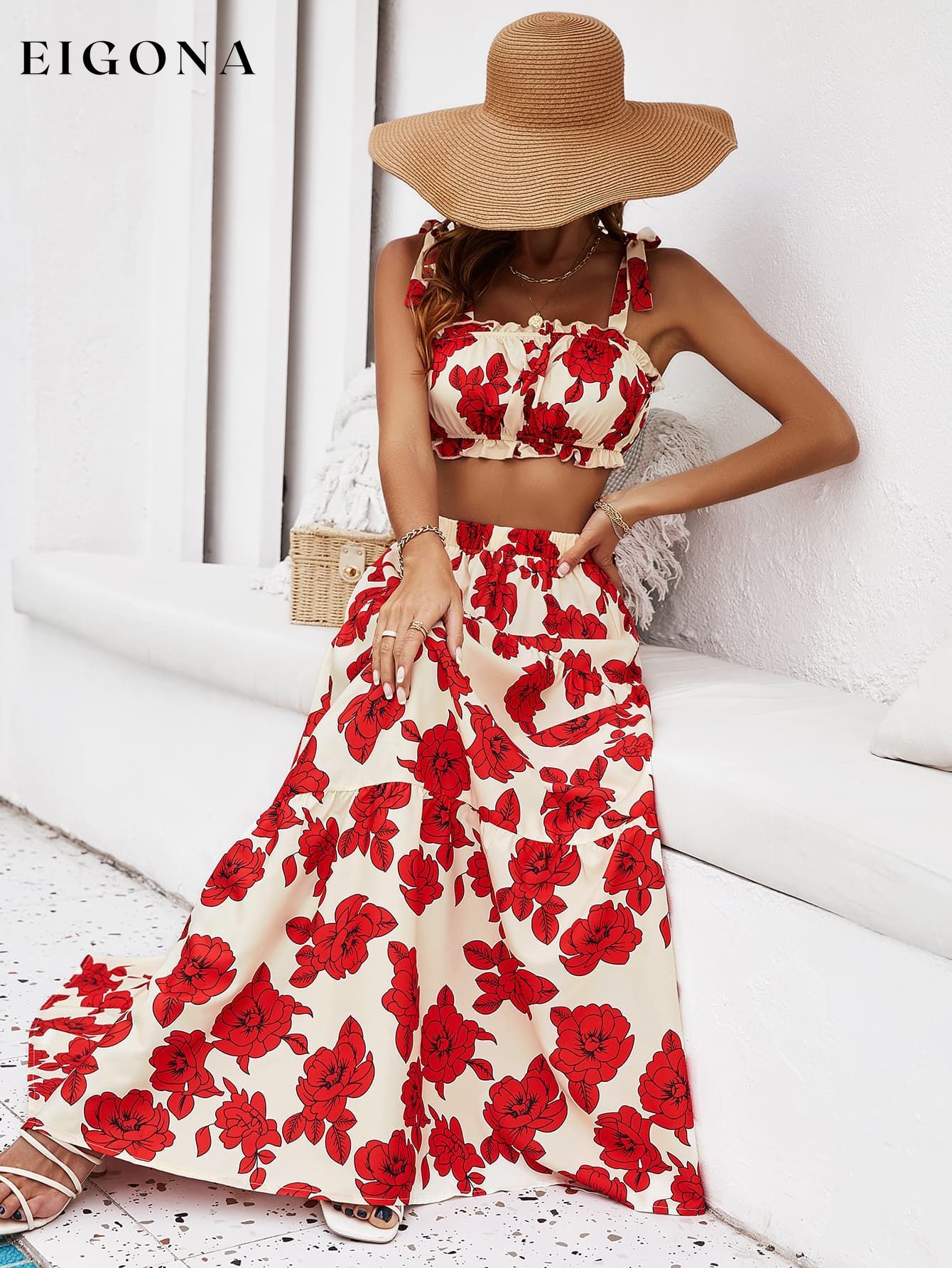 Floral Tie Shoulder Top and Tiered Maxi Skirt Set clothes crop top croptop Hanny sets Ship From Overseas Shipping Delay 09/29/2023 - 10/04/2023 skirts trend