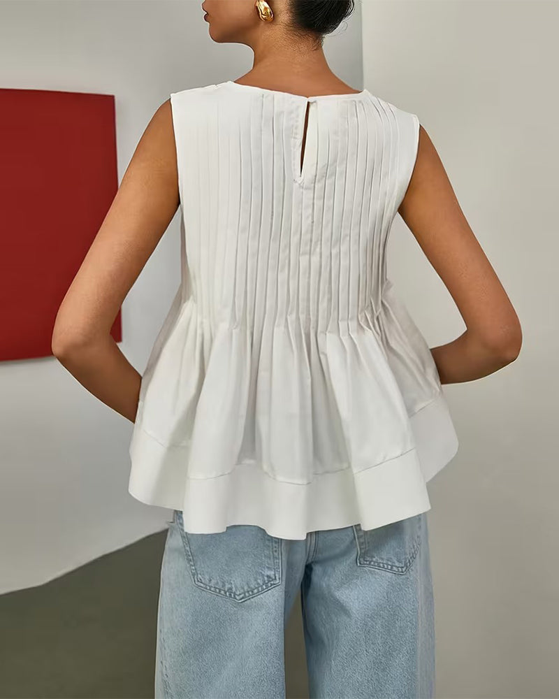 Round Neck Solid Color Sleeveless Blouse