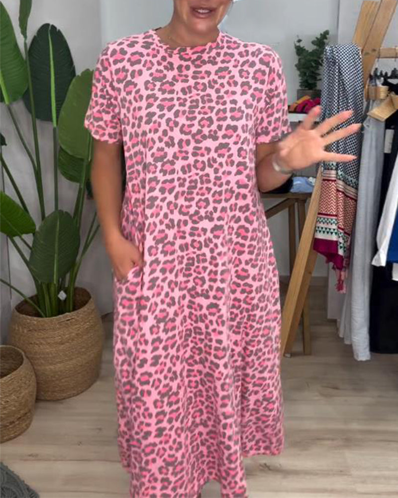 Short-Sleeved Round Neck Leopard Print Dress