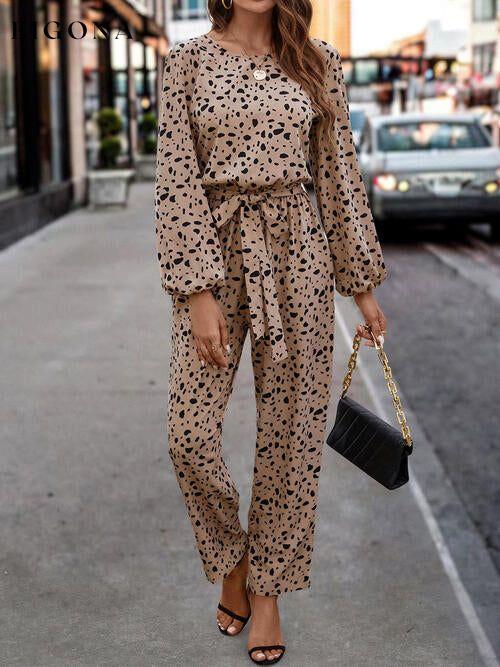 Leopard Tie Front Balloon Sleeve Jumpsuit Tan Bigh clothes Jumper Jumpsuit Rompers Ship From Overseas