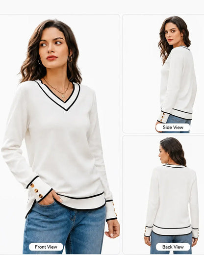 Colorblock V-Neck Trim Button Pullover