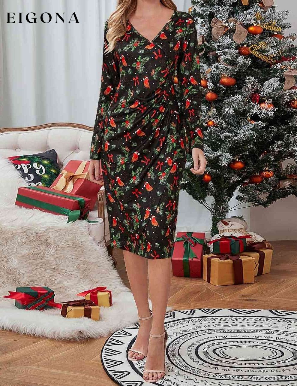 Christmas Element Print Long Sleeve Dress Black Forest clothes H.Y.G@E Ship From Overseas