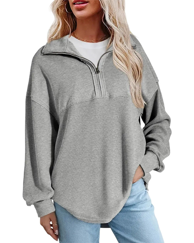 Half Zip Waffle Patchwork Sweatshirt
